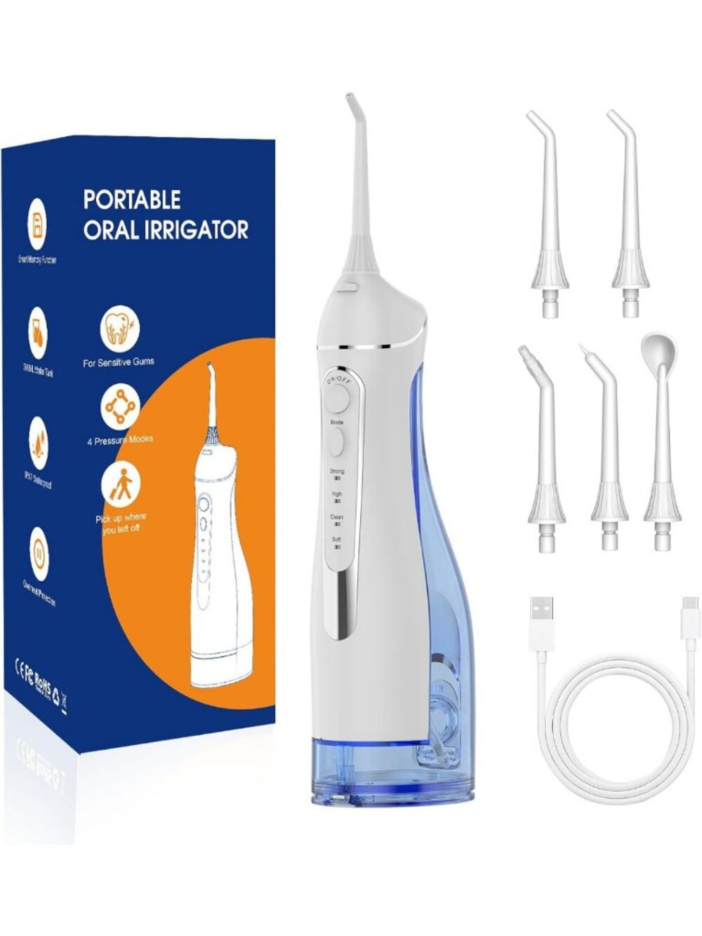 Portable Water Flosser, IPX7 Waterproof, 4 Modes, 5 Tips, 300ml Tank - Travel
